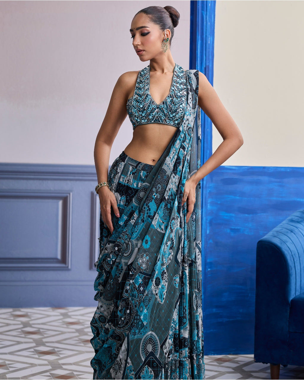 Teal Mosaic Halter Blouse With Tiered Skirt Sari Set