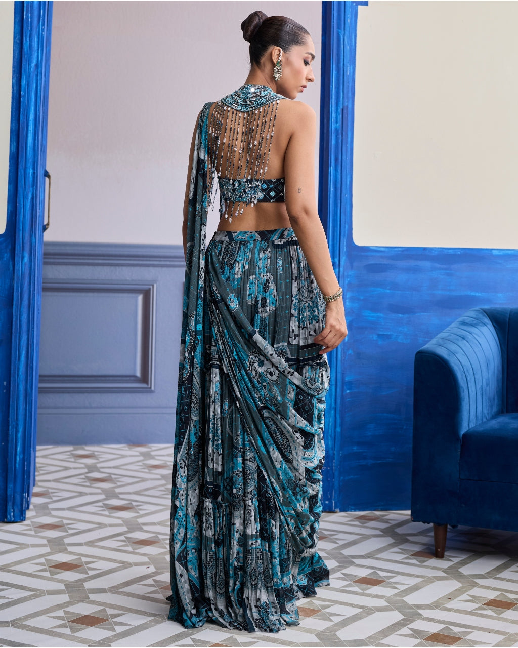Teal Mosaic Halter Blouse With Tiered Skirt Sari Set