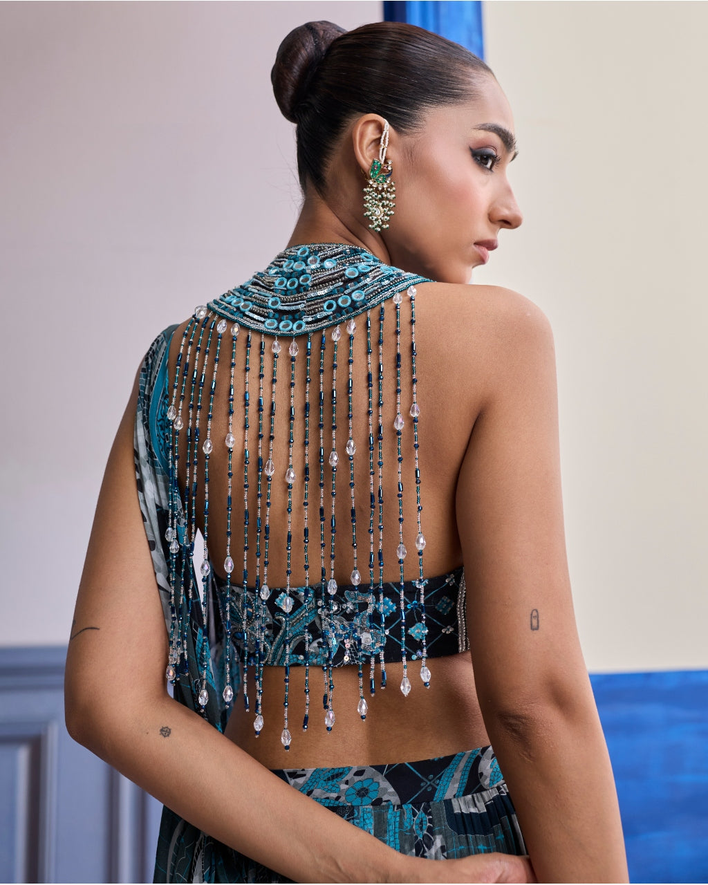 Teal Mosaic Halter Blouse With Tiered Skirt Sari Set