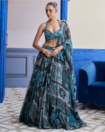 Teal & Black Mosaic Halter Blouse With Printed Lehenga & Dupatta Set