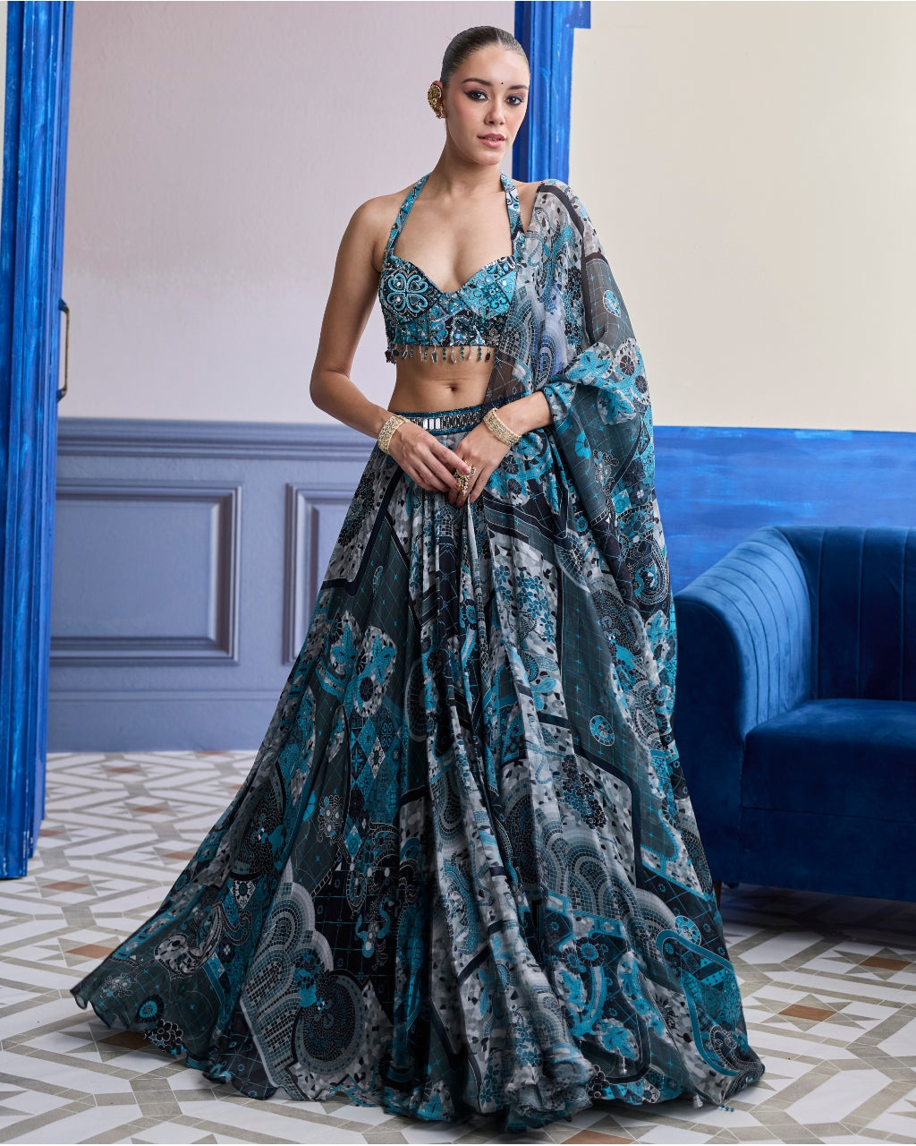 Teal & Black Mosaic Halter Blouse With Printed Lehenga & Dupatta Set