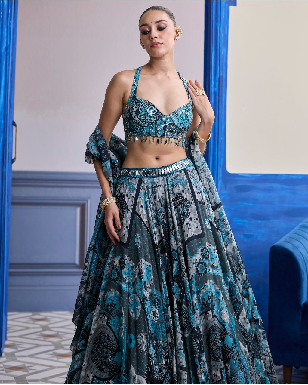 Teal & Black Mosaic Halter Blouse With Printed Lehenga & Dupatta Set