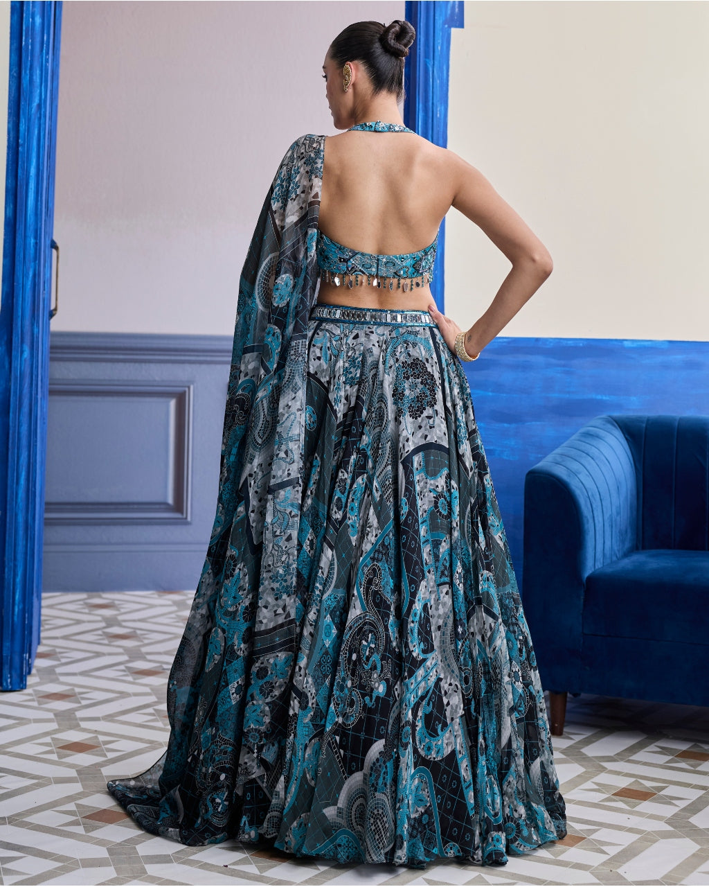 Teal & Black Mosaic Halter Blouse With Printed Lehenga & Dupatta Set