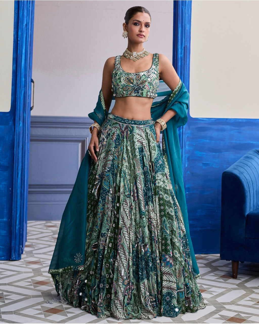 Green Floral Blouse With Highlighted Lehenga & Embroidered Dupatta Set