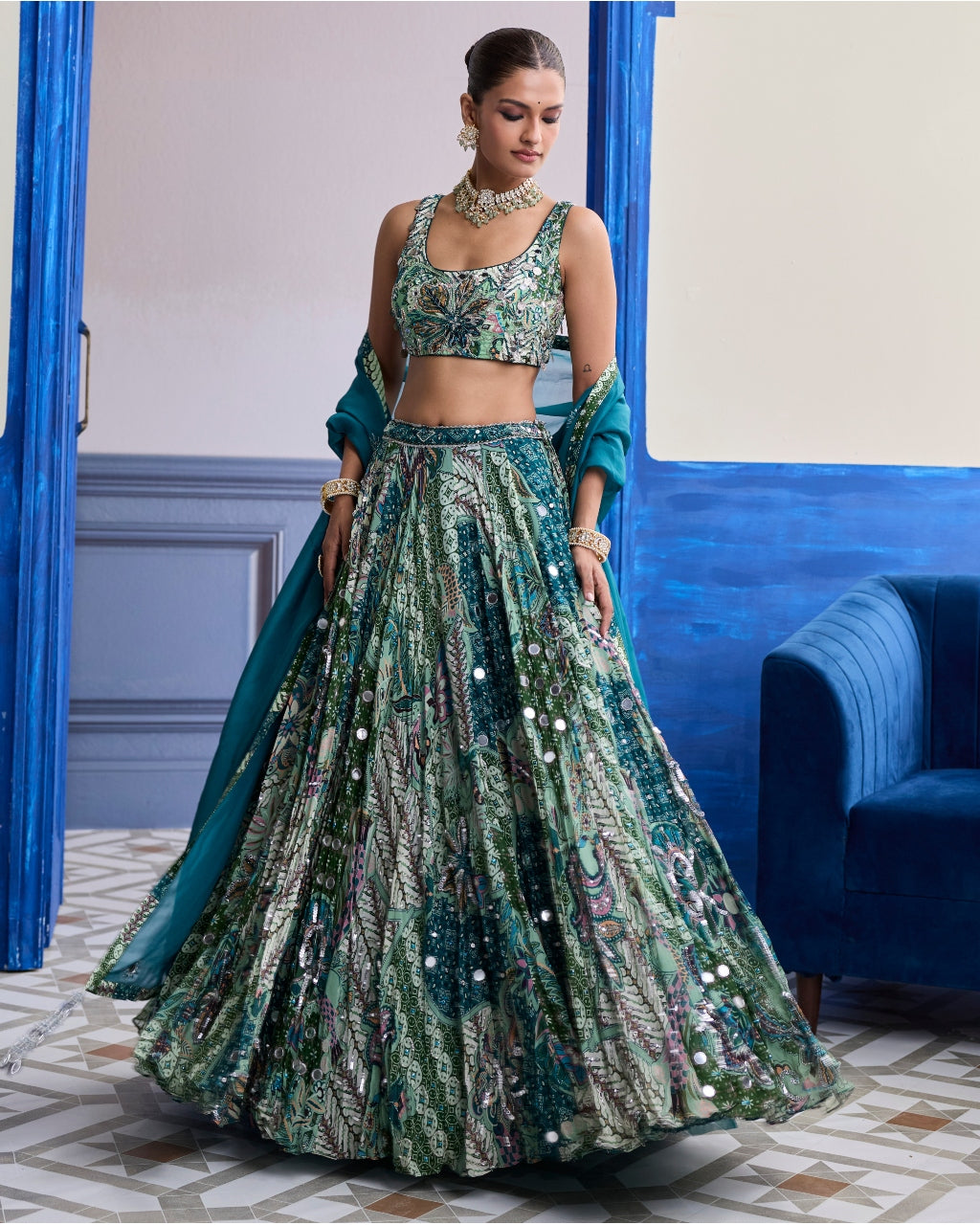 Green Floral Blouse With Highlighted Lehenga & Embroidered Dupatta Set
