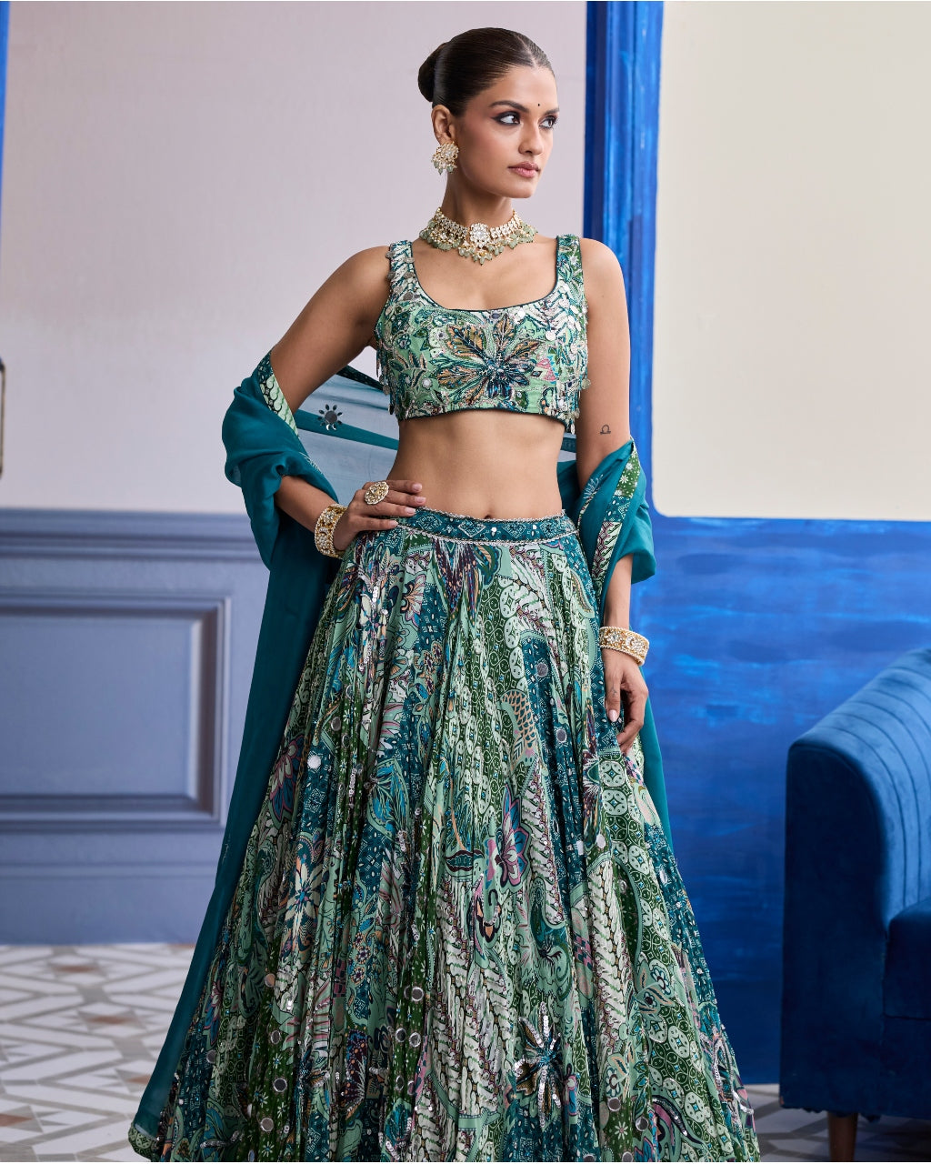 Green Floral Blouse With Highlighted Lehenga & Embroidered Dupatta Set