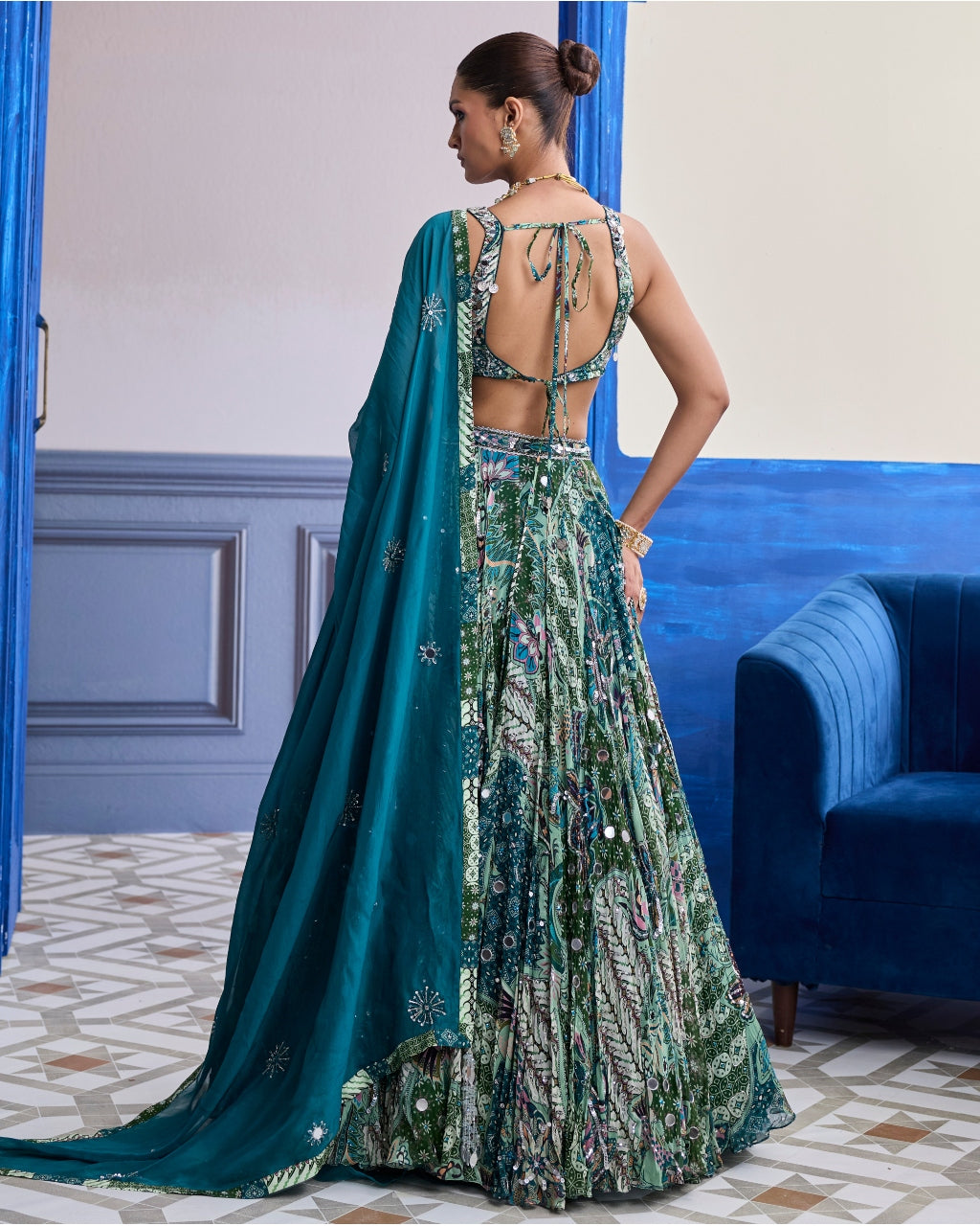 Green Floral Blouse With Highlighted Lehenga & Embroidered Dupatta Set