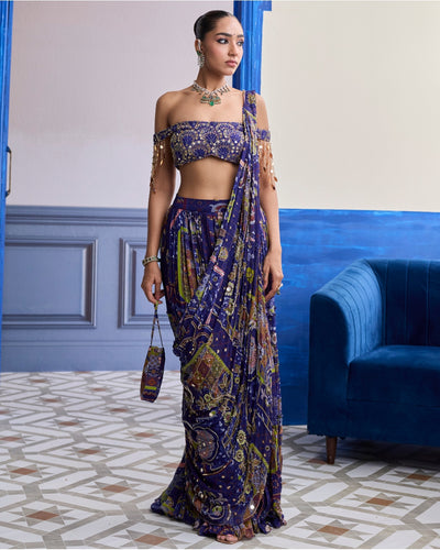 Violet Mosaic Off-Shoulder Blouse With Drape Tiered Skirt Sari Set