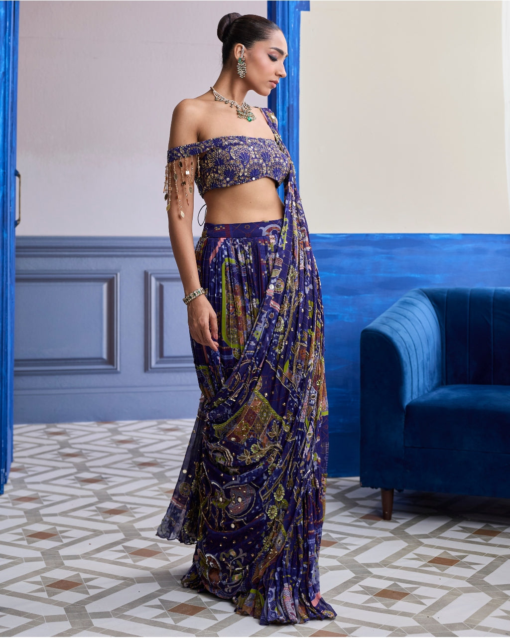 Violet Mosaic Off-Shoulder Blouse With Drape Tiered Skirt Sari Set