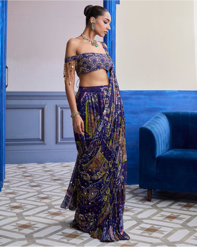 Violet Mosaic Off-Shoulder Blouse With Drape Tiered Skirt Sari Set