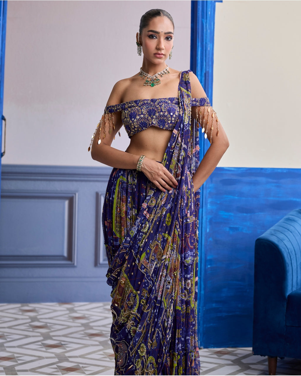 Violet Mosaic Off-Shoulder Blouse With Drape Tiered Skirt Sari Set