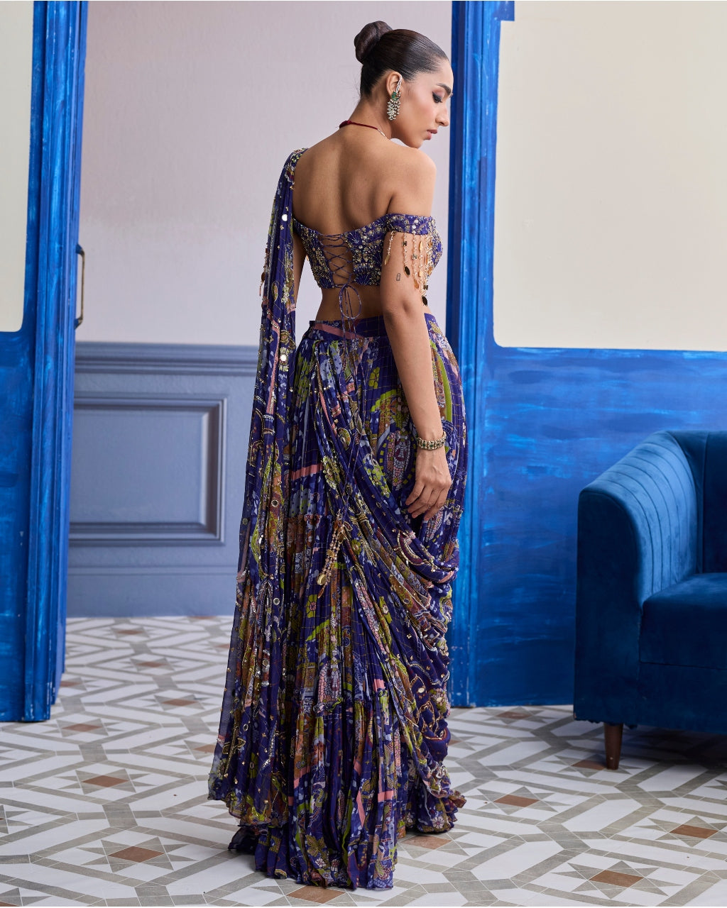 Violet Mosaic Off-Shoulder Blouse With Drape Tiered Skirt Sari Set