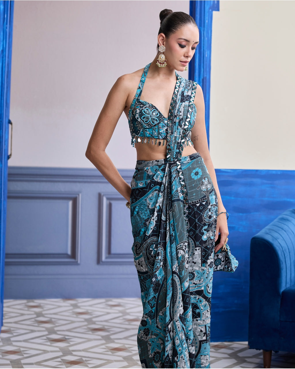 Teal Mosaic Blouse With Highlighted Border Slit Sari Set
