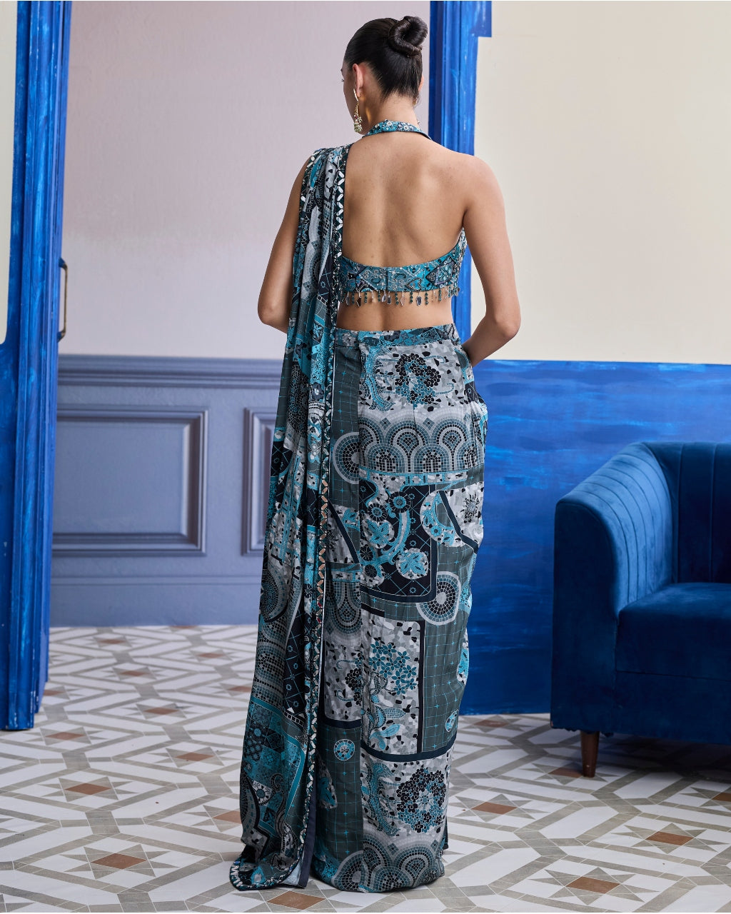 Teal Mosaic Blouse With Highlighted Border Slit Sari Set