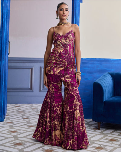 Magenta Floral Structured Kurti With Bell Bottom Pants & Choker Dupatta Set