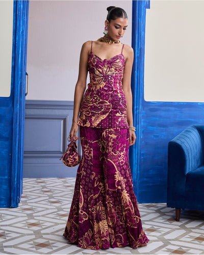 Magenta Floral Structured Kurti With Bell Bottom Pants & Choker Dupatta Set