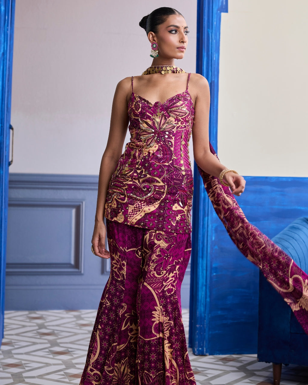 Magenta Floral Structured Kurti With Bell Bottom Pants & Choker Dupatta Set