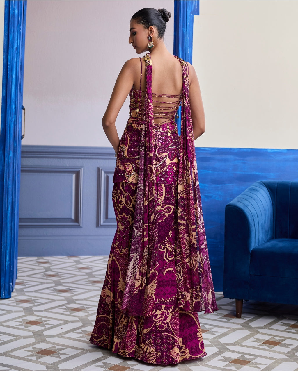 Magenta Floral Structured Kurti With Bell Bottom Pants & Choker Dupatta Set