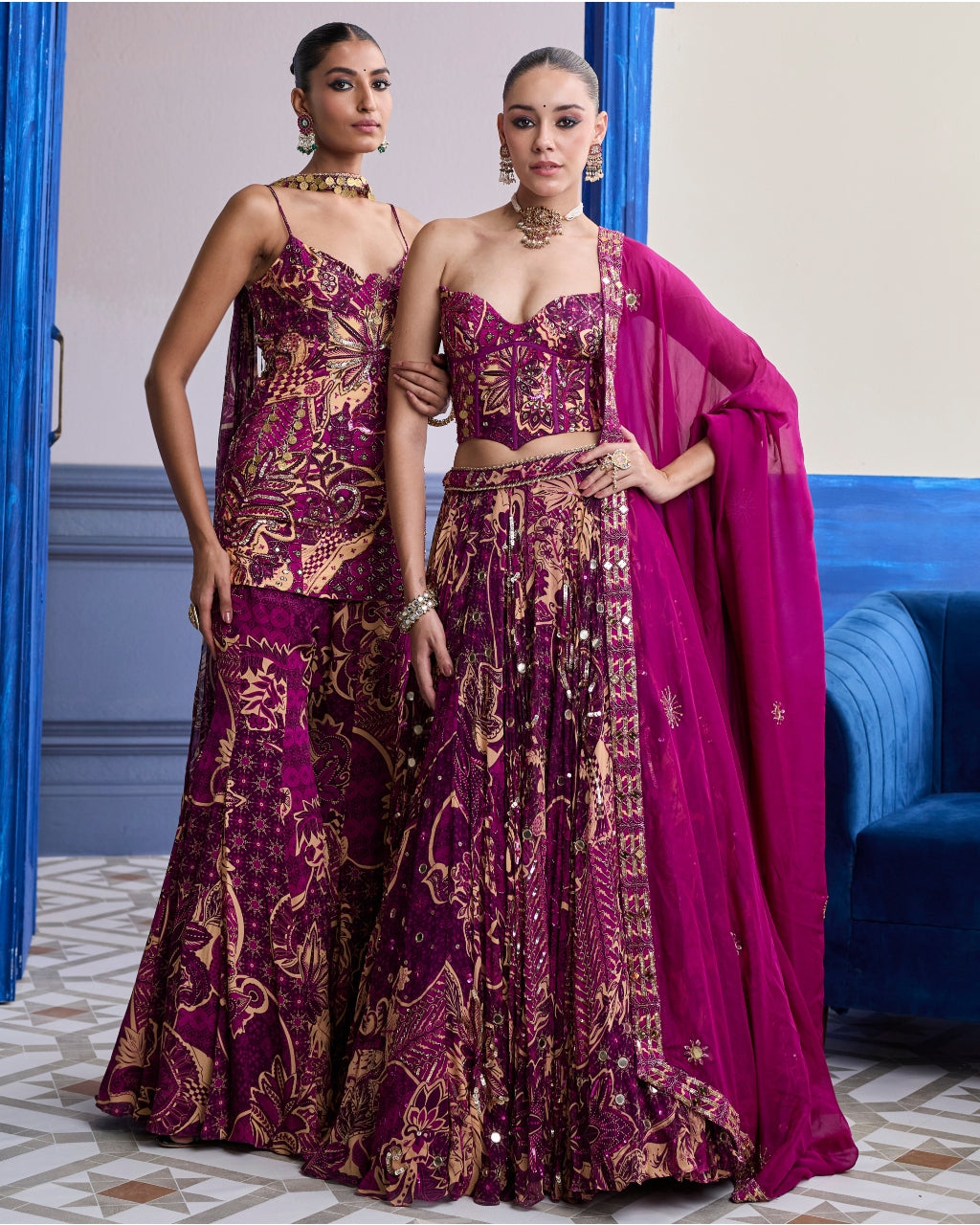 Magenta Highlighted Corset With Lehenga & Embroidered Dupatta Set