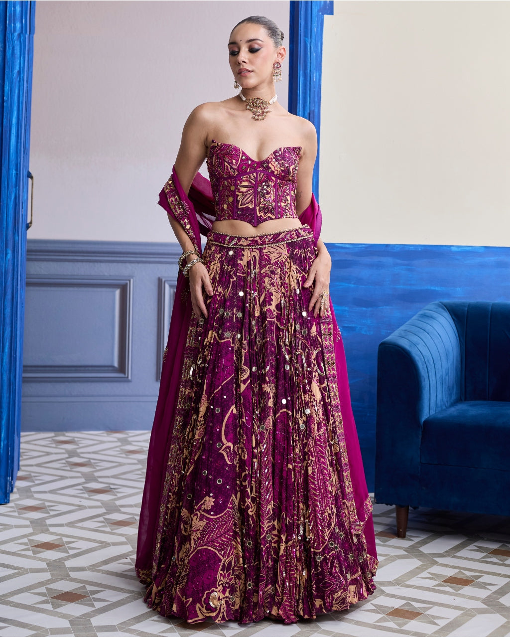 Magenta Highlighted Corset With Lehenga & Embroidered Dupatta Set