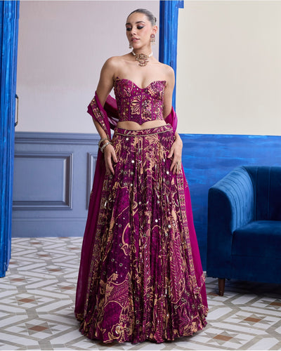 Magenta Highlighted Corset With Lehenga & Embroidered Dupatta Set