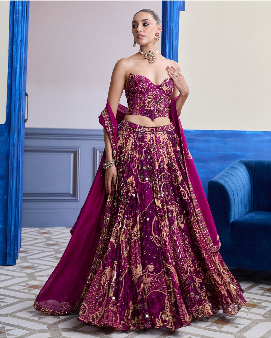Magenta Highlighted Corset With Lehenga & Embroidered Dupatta Set