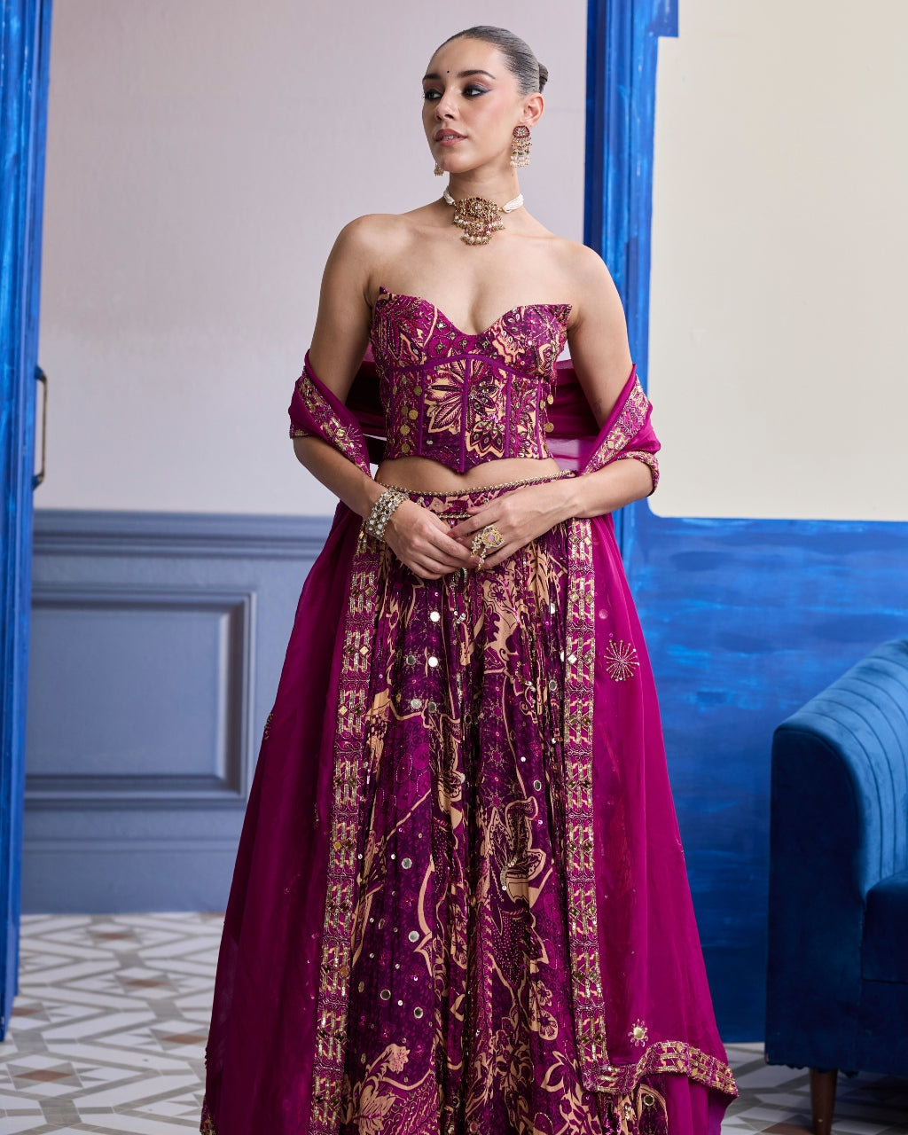 Magenta Highlighted Corset With Lehenga & Embroidered Dupatta Set