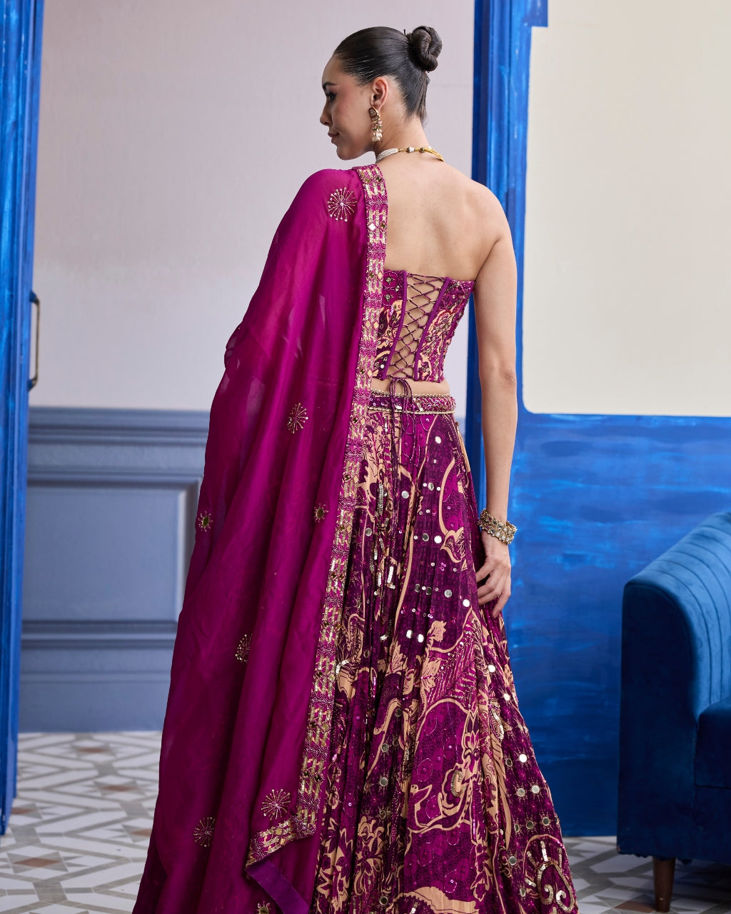 Magenta Highlighted Corset With Lehenga & Embroidered Dupatta Set