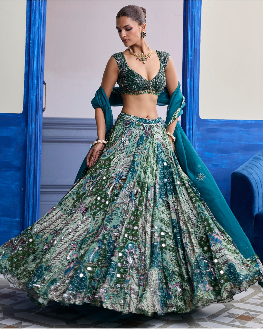 Green Wave Embroidered Blouse With Print Highlights & Solid Dupatta Set