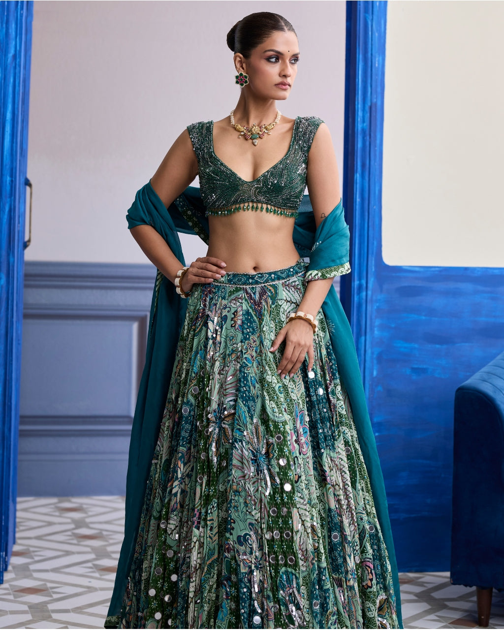 Green Wave Embroidered Blouse With Print Highlights & Solid Dupatta Set