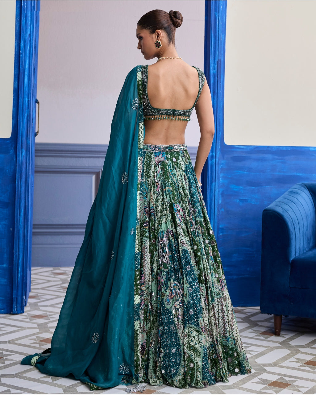 Green Wave Embroidered Blouse With Print Highlights & Solid Dupatta Set