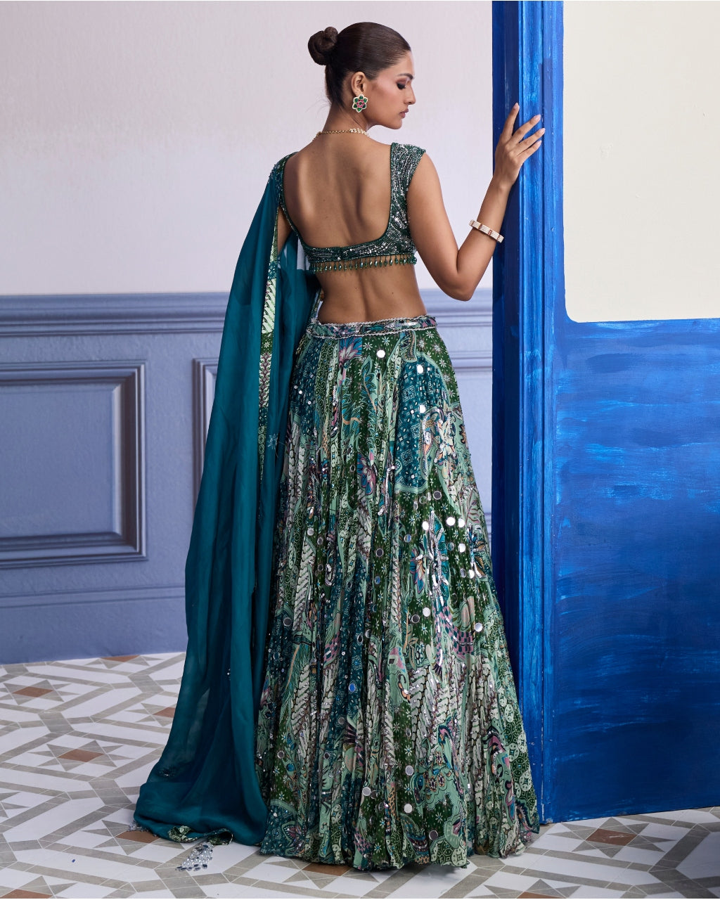 Green Wave Embroidered Blouse With Print Highlights & Solid Dupatta Set