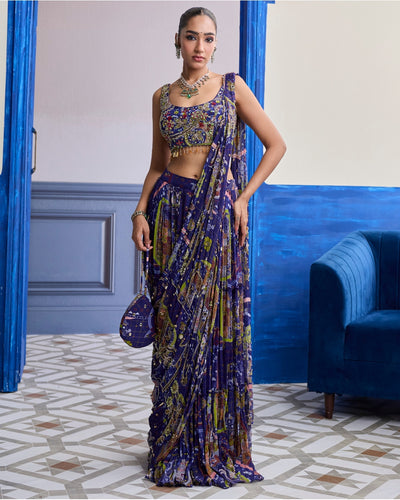 Violet Mosaic Blouse With Drape Tiered Skirt Sari Set