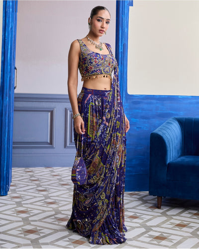Violet Mosaic Blouse With Drape Tiered Skirt Sari Set