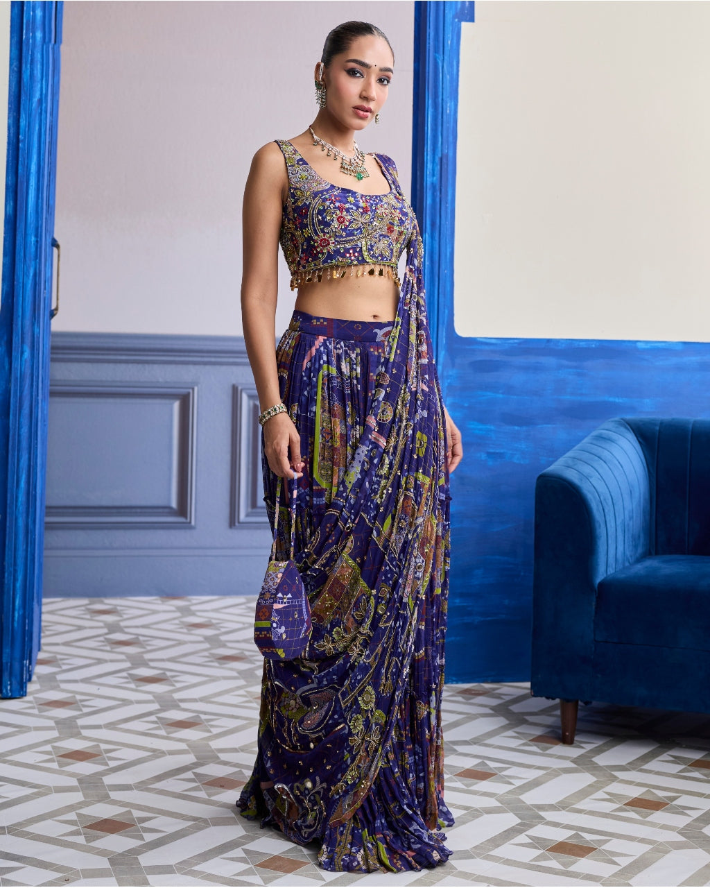 Violet Mosaic Blouse With Drape Tiered Skirt Sari Set