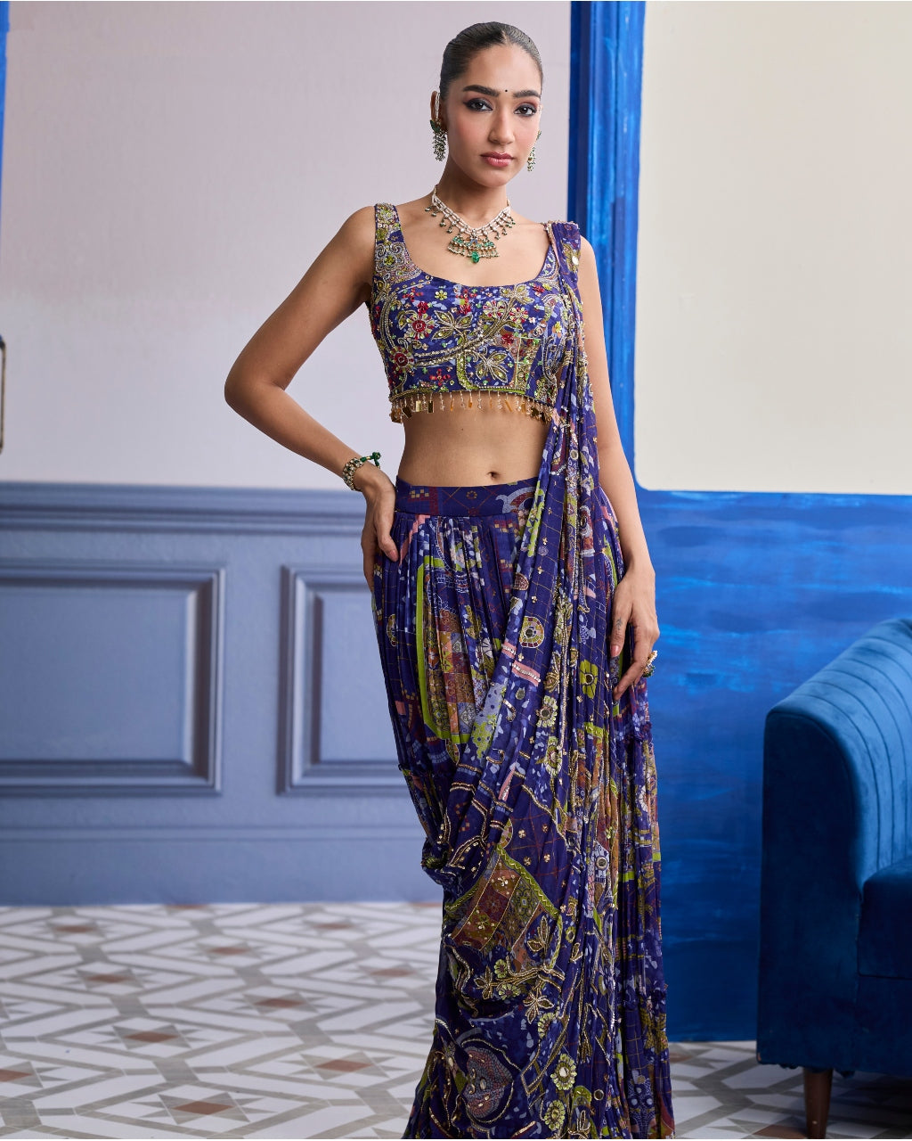 Violet Mosaic Blouse With Drape Tiered Skirt Sari Set