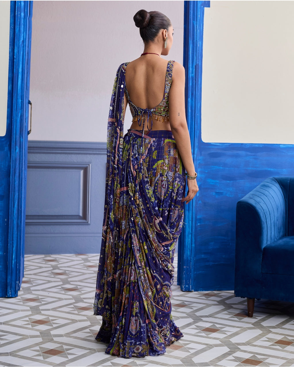 Violet Mosaic Blouse With Drape Tiered Skirt Sari Set
