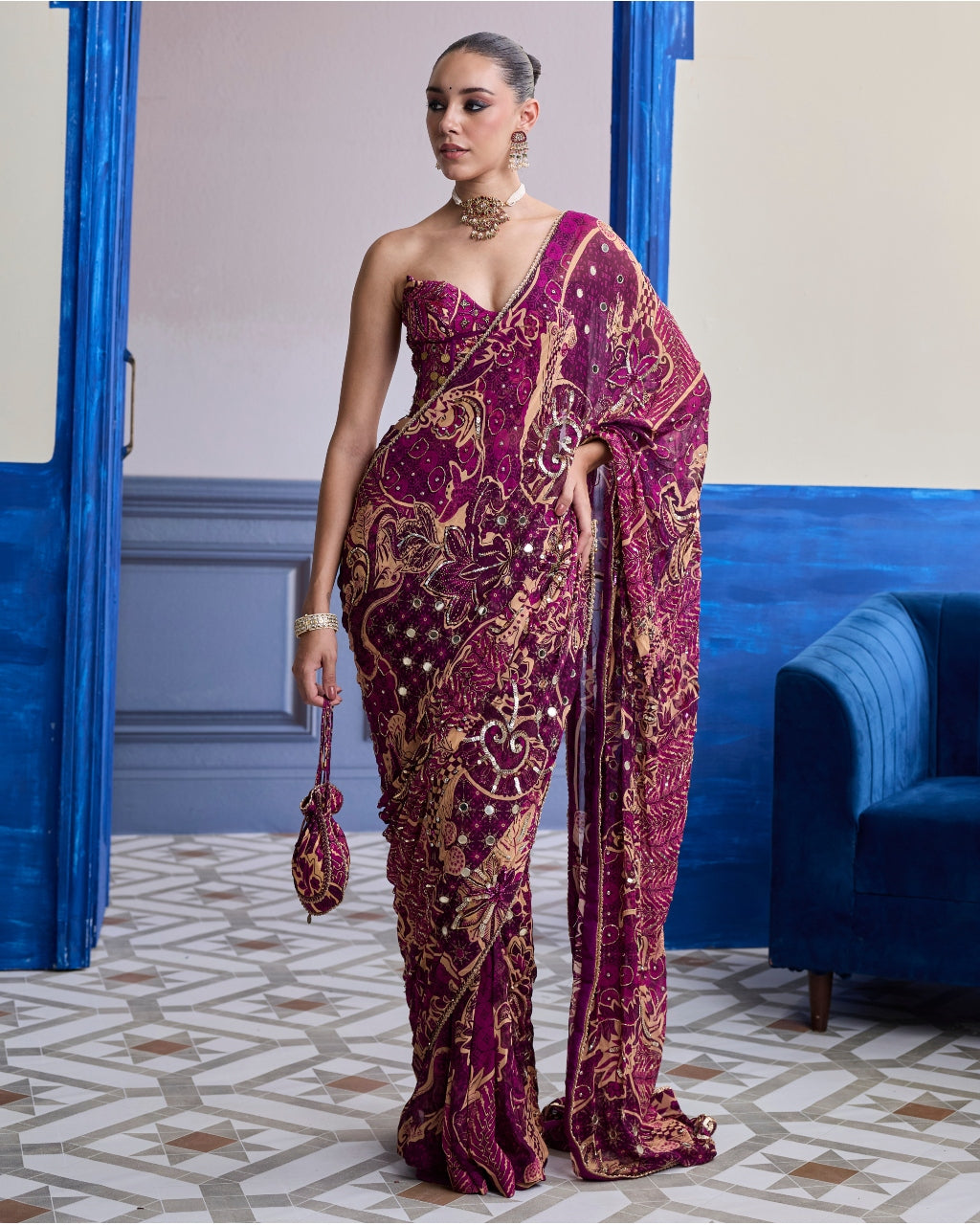 Magenta Floral Corset With Drape Classic Skirt Sari Set
