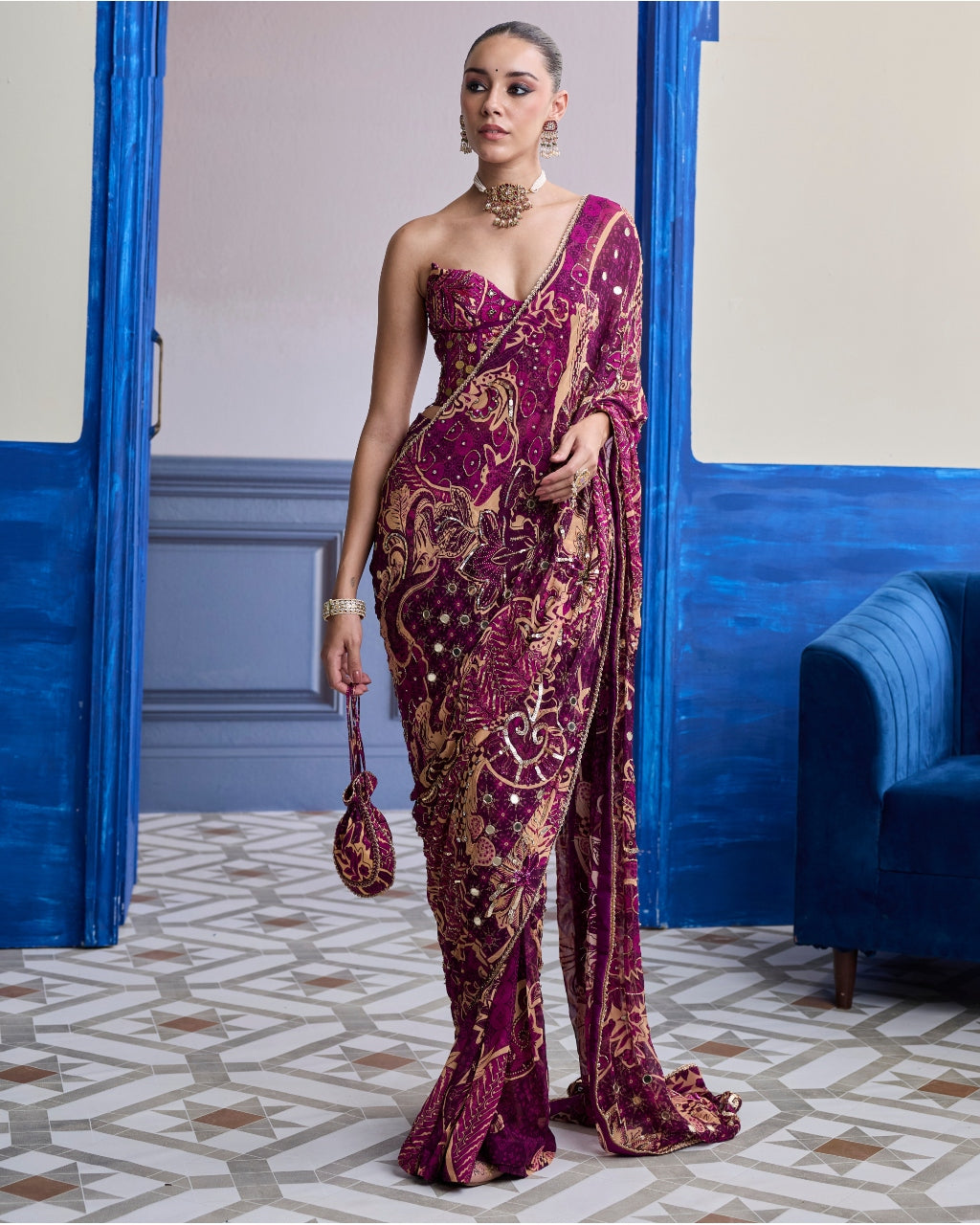 Magenta Floral Corset With Drape Classic Skirt Sari Set