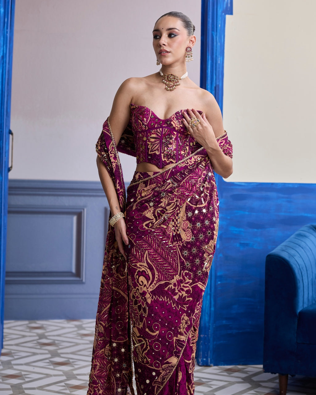 Magenta Floral Corset With Drape Classic Skirt Sari Set