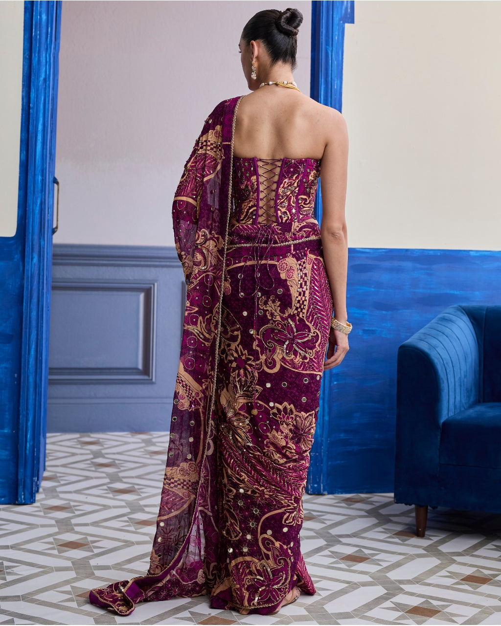 Magenta Floral Corset With Drape Classic Skirt Sari Set