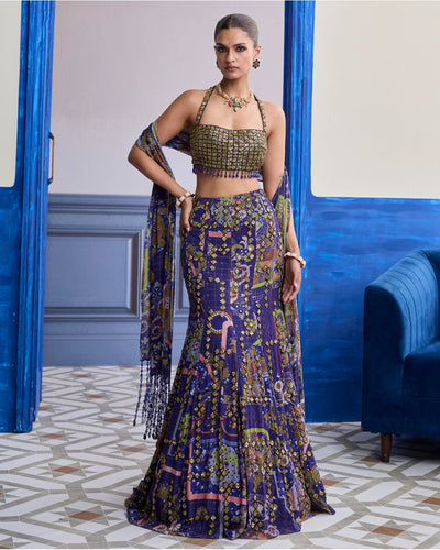 Neon Green Embroidered Blouse With Mermaid Skirt & Tassel Dupatta Set