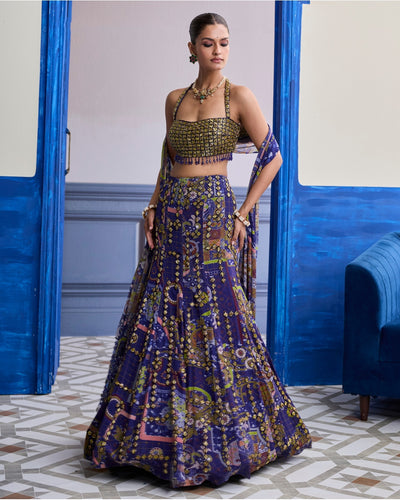Neon Green Embroidered Blouse With Mermaid Skirt & Tassel Dupatta Set