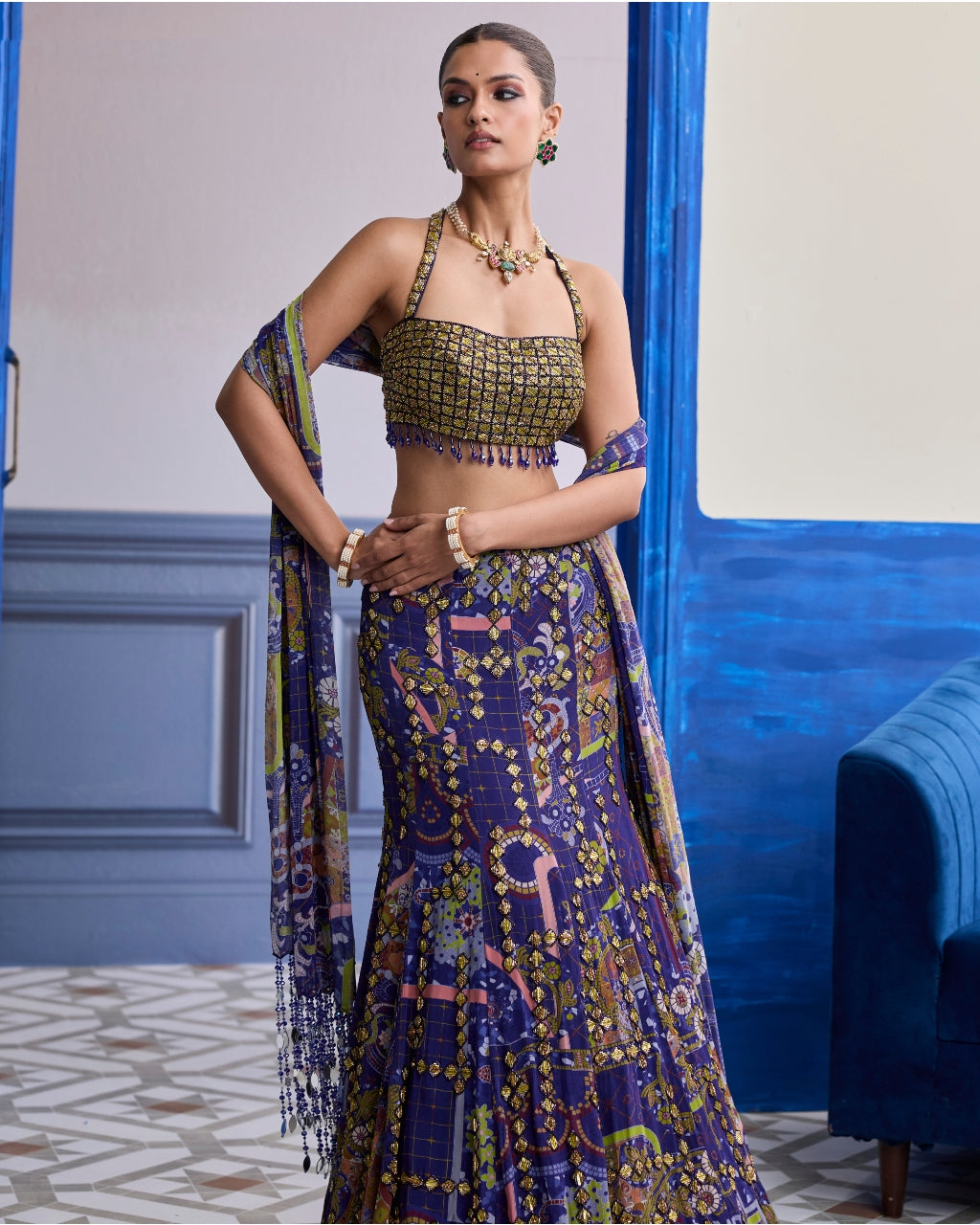 Neon Green Embroidered Blouse With Mermaid Skirt & Tassel Dupatta Set