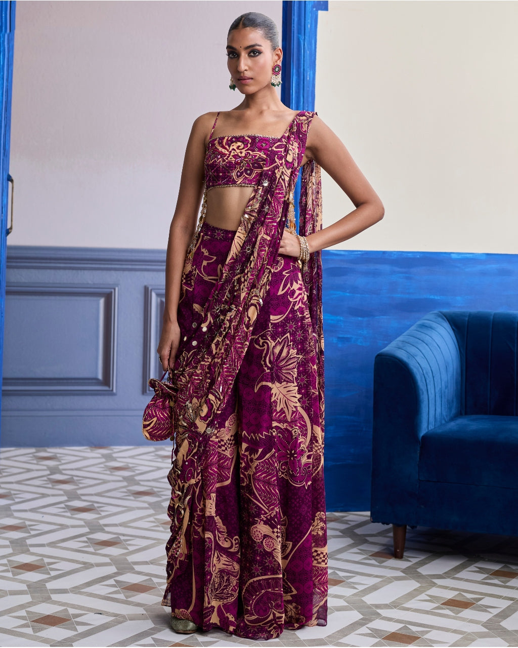 Magenta Floral Tassel Blouse With Drape Sharara Sari Set