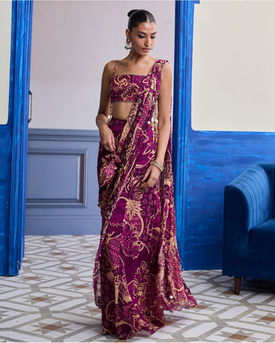 Magenta Floral Tassel Blouse With Drape Sharara Sari Set