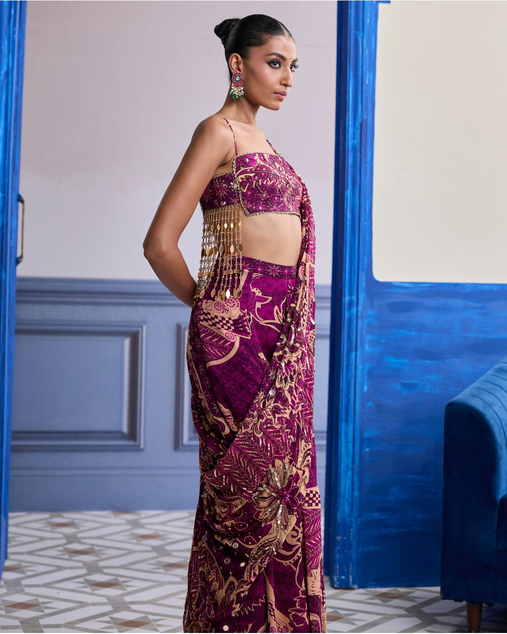 Magenta Floral Tassel Blouse With Drape Sharara Sari Set