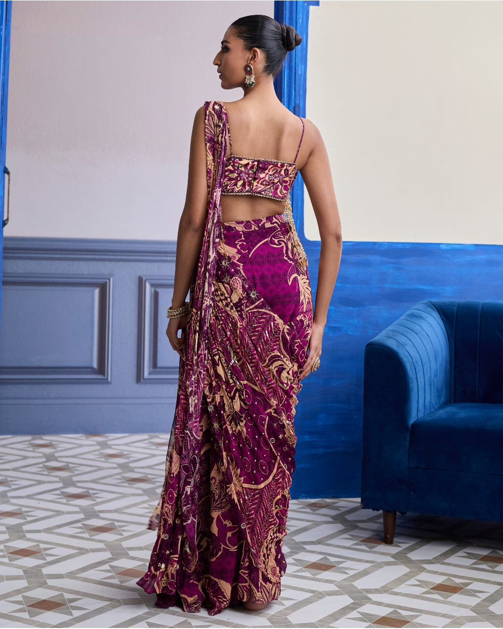 Magenta Floral Tassel Blouse With Drape Sharara Sari Set
