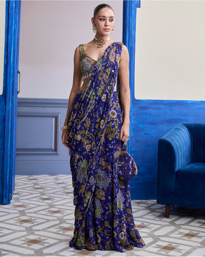 Violet Mosaic Blouse With Drape Sharara Sari Set