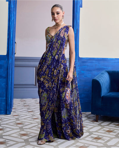 Violet Mosaic Blouse With Drape Sharara Sari Set